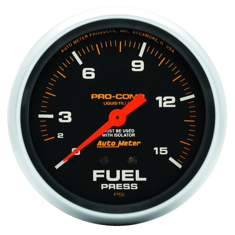 2-5/8" FUEL PRESSURE W/ ISOLATOR, 0-15 PSI, MECHANICAL, LIQUID FILLED, PRO-COMP