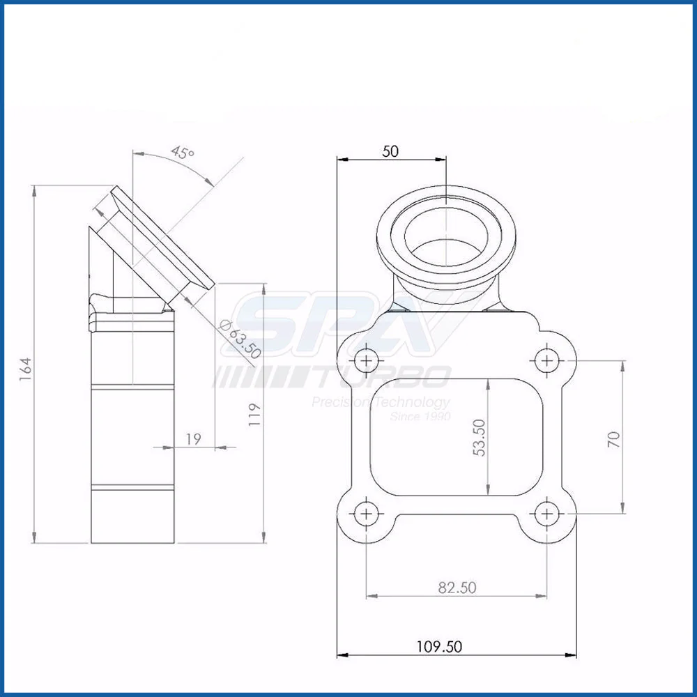 T4 manifold 44mm v-band Wastegate adapter 45 degree flange - Image 3